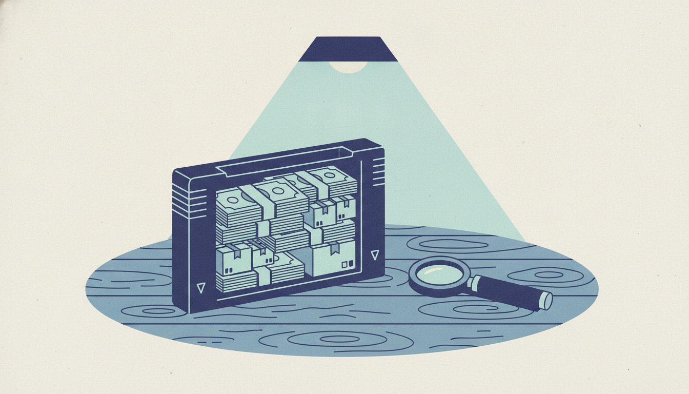 A cracked open video game cartridge rests on a desk, filled with bundled cash and small parcels beside an eyepiece.
