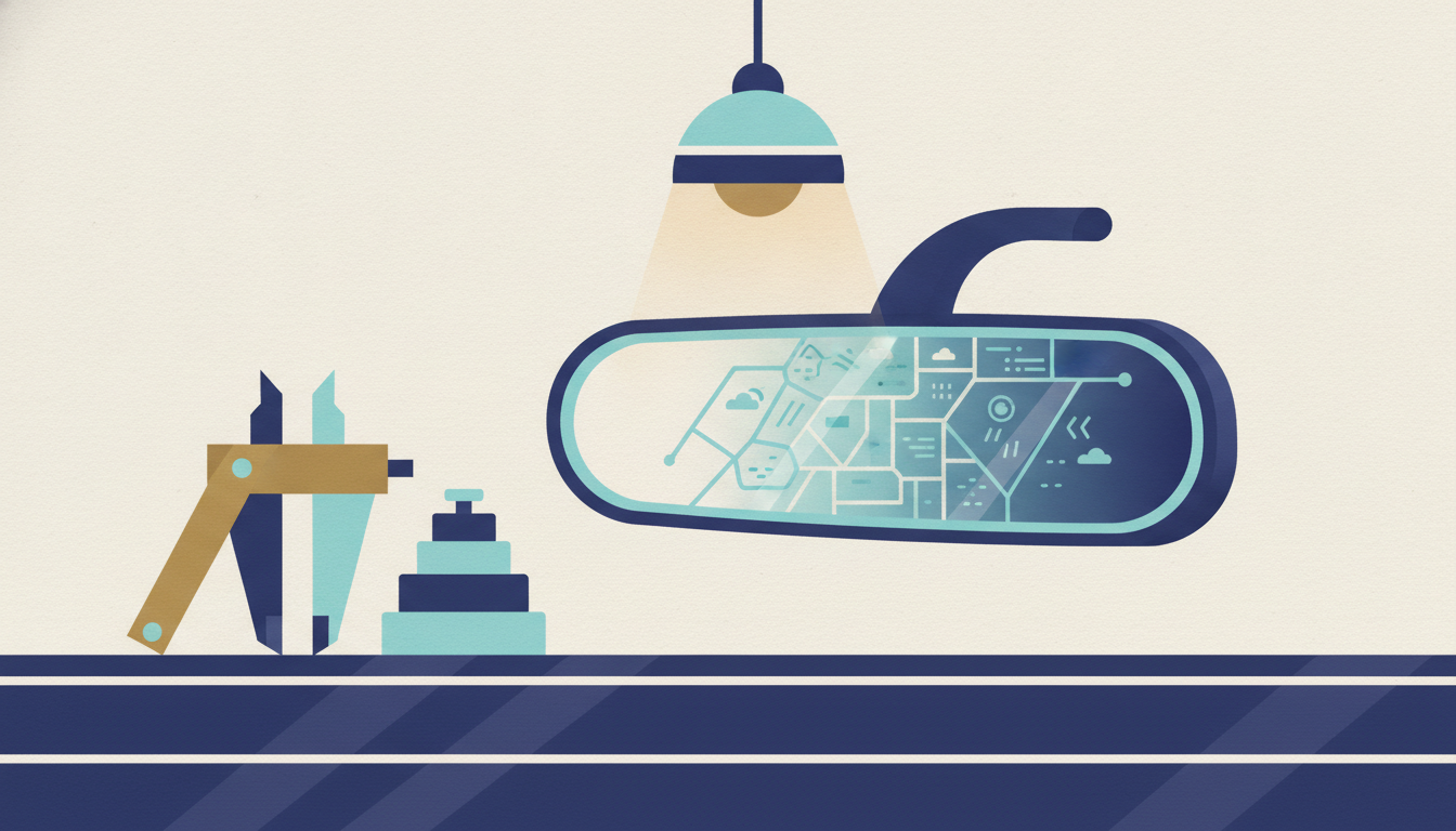 An automotive rearview mirror lies on a wooden workbench next to precision brass calipers and balanced weights.