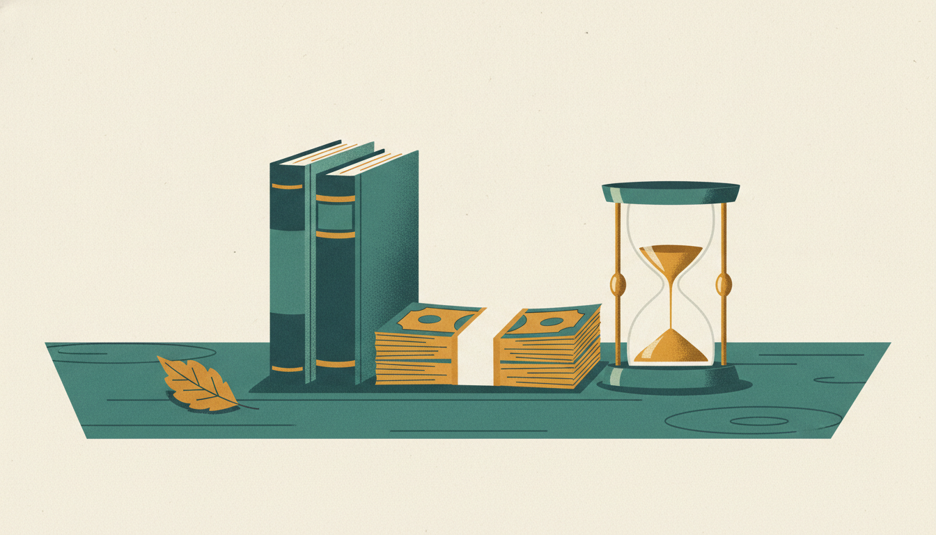 Two hardcover textbooks prop up a stack of paper currency next to an almost-empty hourglass and an autumn leaf.