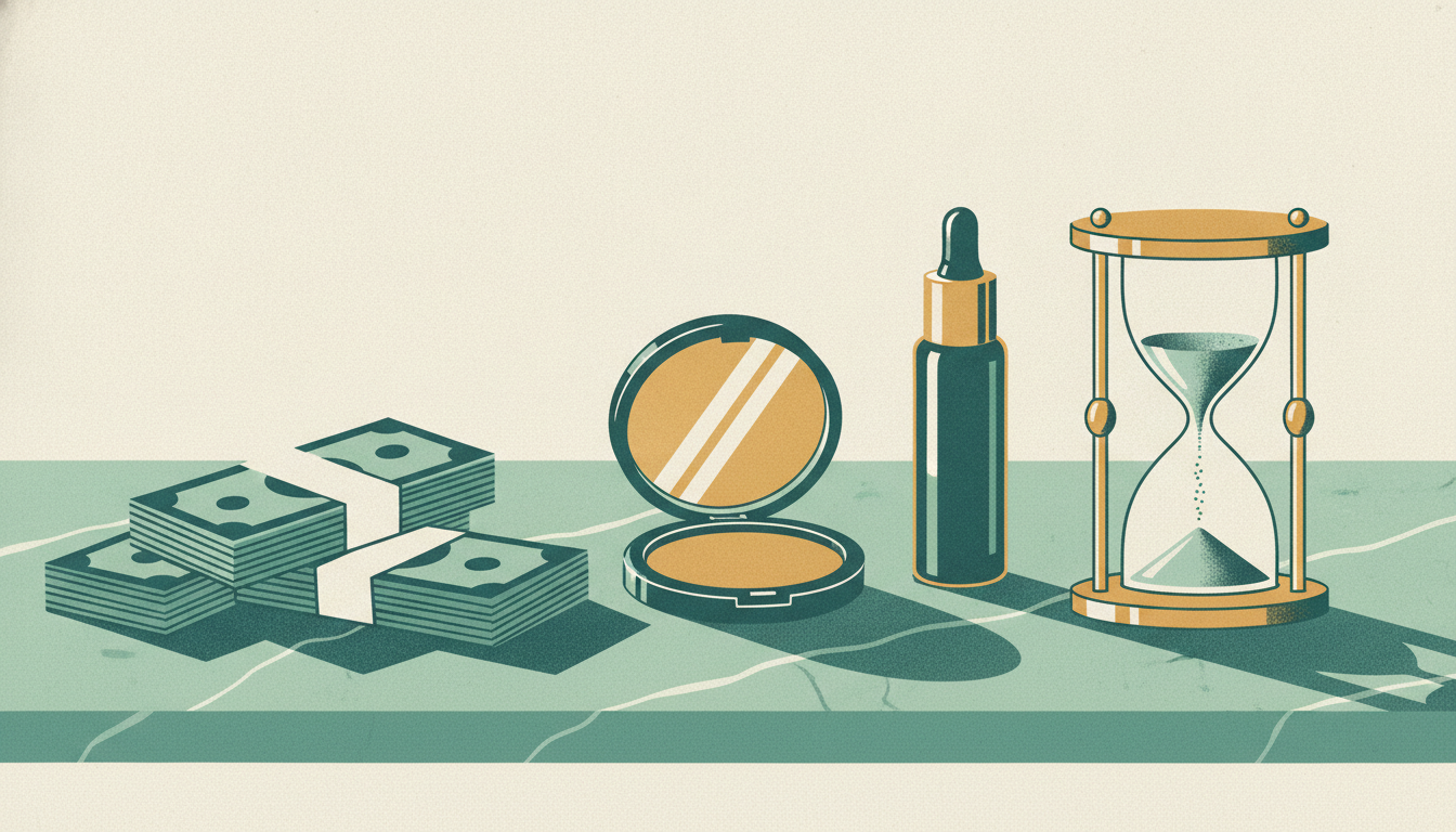 An hourglass with sand running low stands beside stacks of banknotes and cosmetics on a marble vanity.