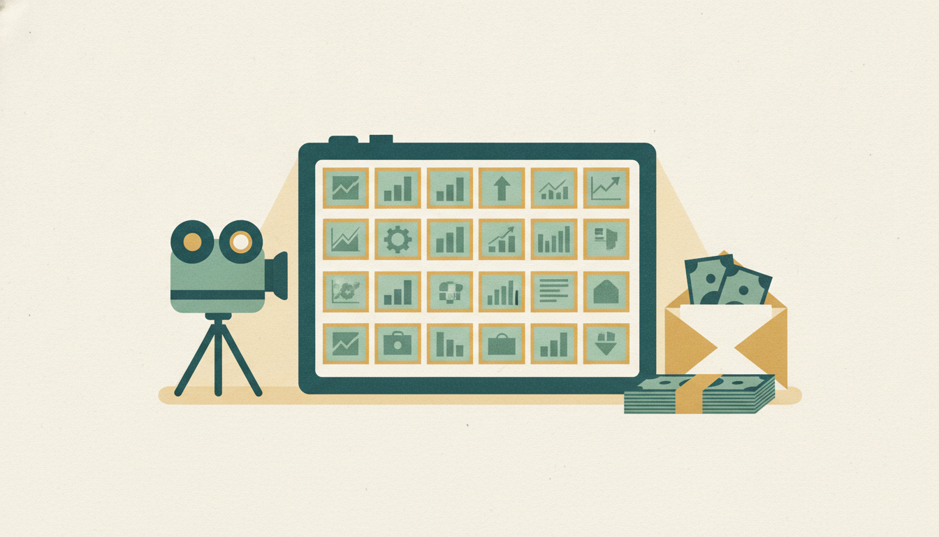 A grid of photographic slides and a mini video camera sit beside a thick stack of cash on a glowing light table.