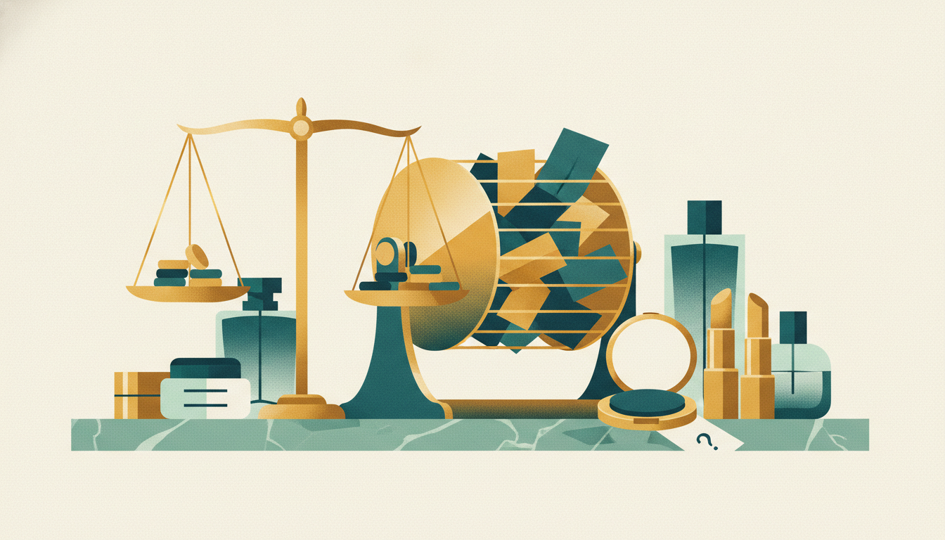 A brass raffle drum sits on a marble vanity counter beside cosmetics, perfume bottles, and a folded paper ticket.
