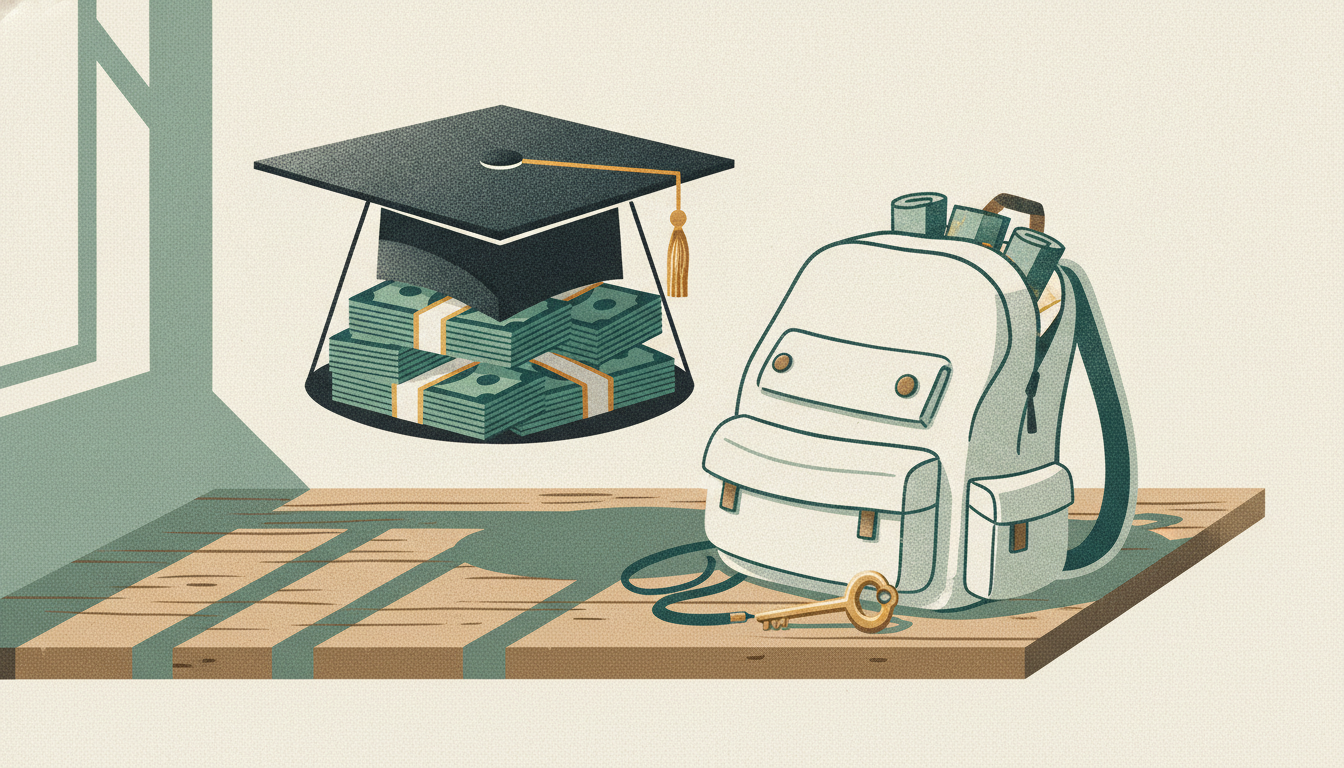 A black graduation cap rests upside down on a desk, filled with banded stacks of cash beside an unpacked backpack.