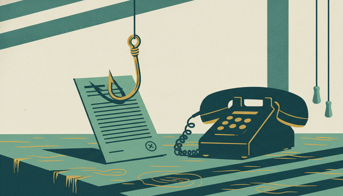 A black telephone receiver sits off the hook on a wooden desk beside a paper caught on a metal fishhook.