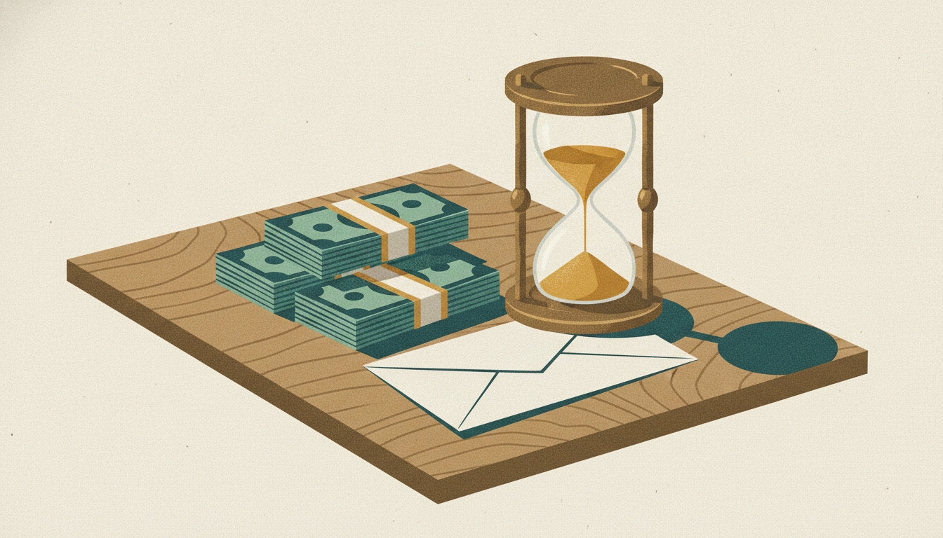 Four stacks of cash sit beside an hourglass running low on sand on a wooden tabletop in warm sunlight.
