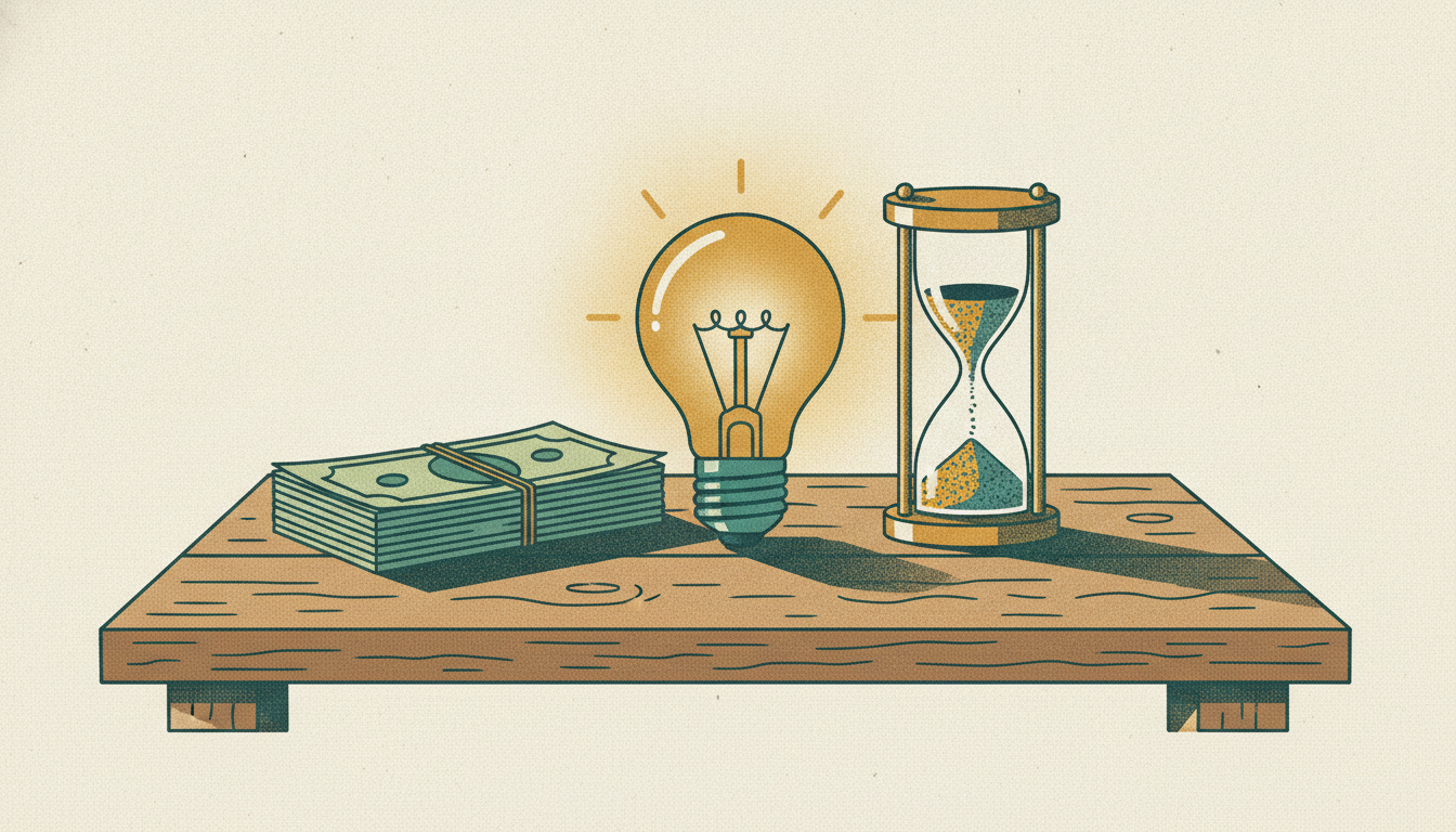 A glowing filament lightbulb and a stack of cash tied with twine sit beside an hourglass that is running out of time.