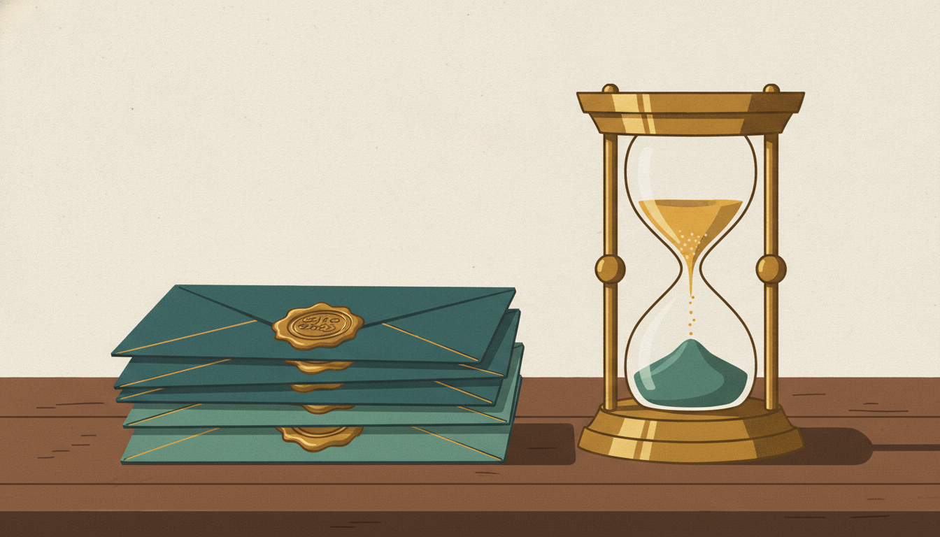 Four wax-sealed envelopes rest beside a brass hourglass with nearly all its sand drained on a dark wooden desk.