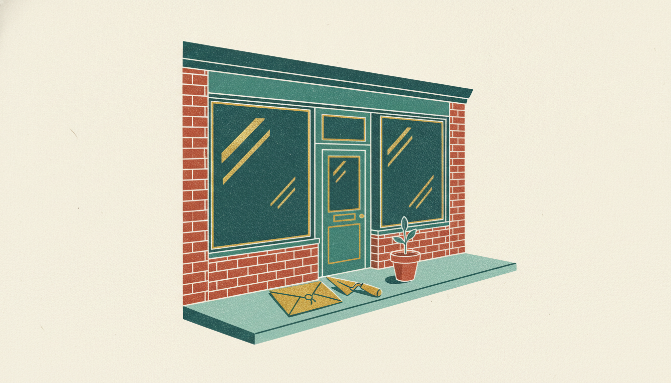 A sealed twine-tied envelope, a mason's trowel, and a small sprout sit on the doorstep of a red-brick storefront.