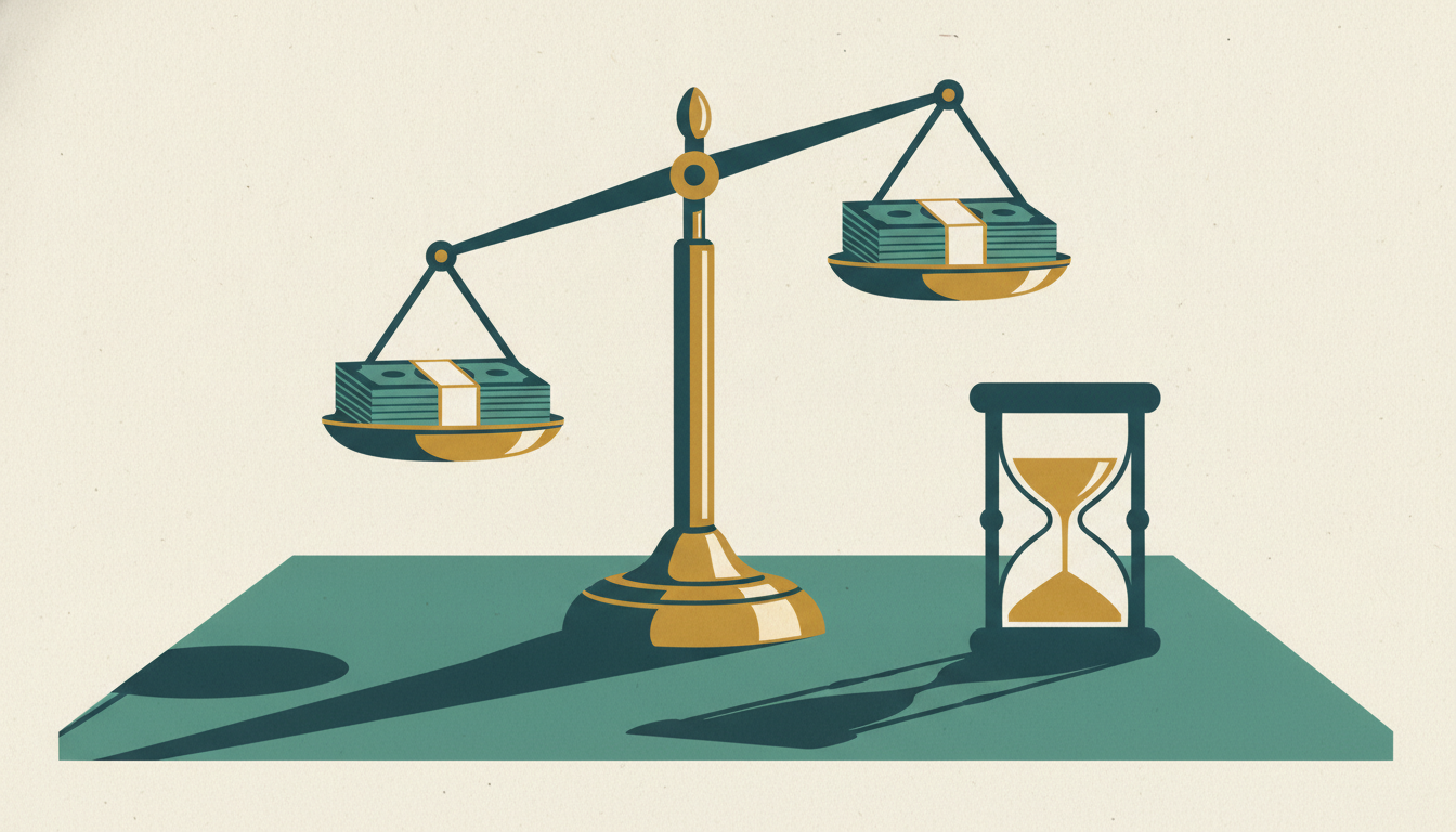 Two matching stacks of cash balance on a brass scale next to an hourglass running out of sand on a wooden desk.
