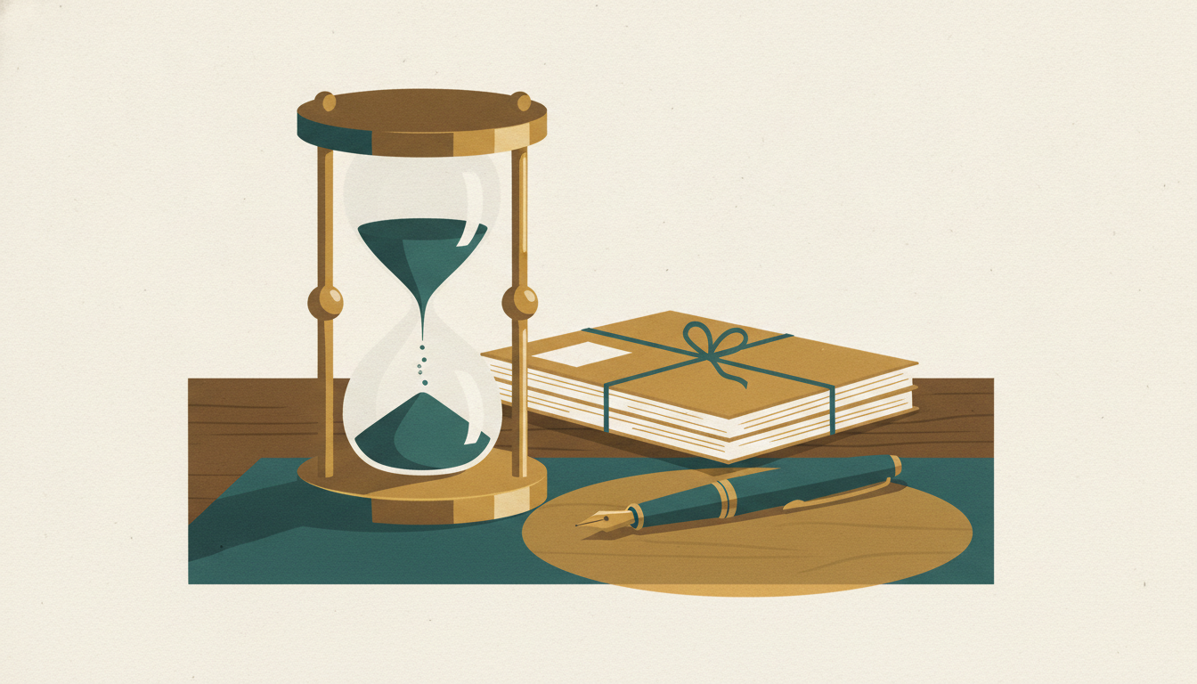 A brass hourglass running low on sand rests beside a stack of sealed folders on a wooden desk.