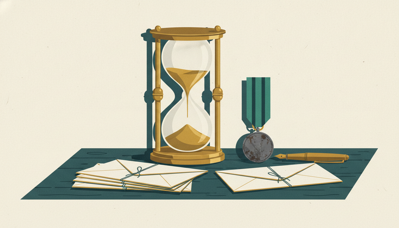 Five thick paper envelopes and a military service medal sit beside a running brass hourglass under warm lamplight.