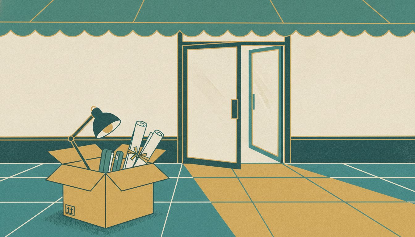 A cardboard moving box packed with desk supplies rests in the open doorway of a small brick-and-mortar storefront.