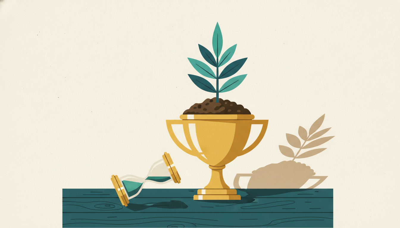A brass trophy filled with rich soil and a growing evergreen seedling rests next to an hourglass on a desk.