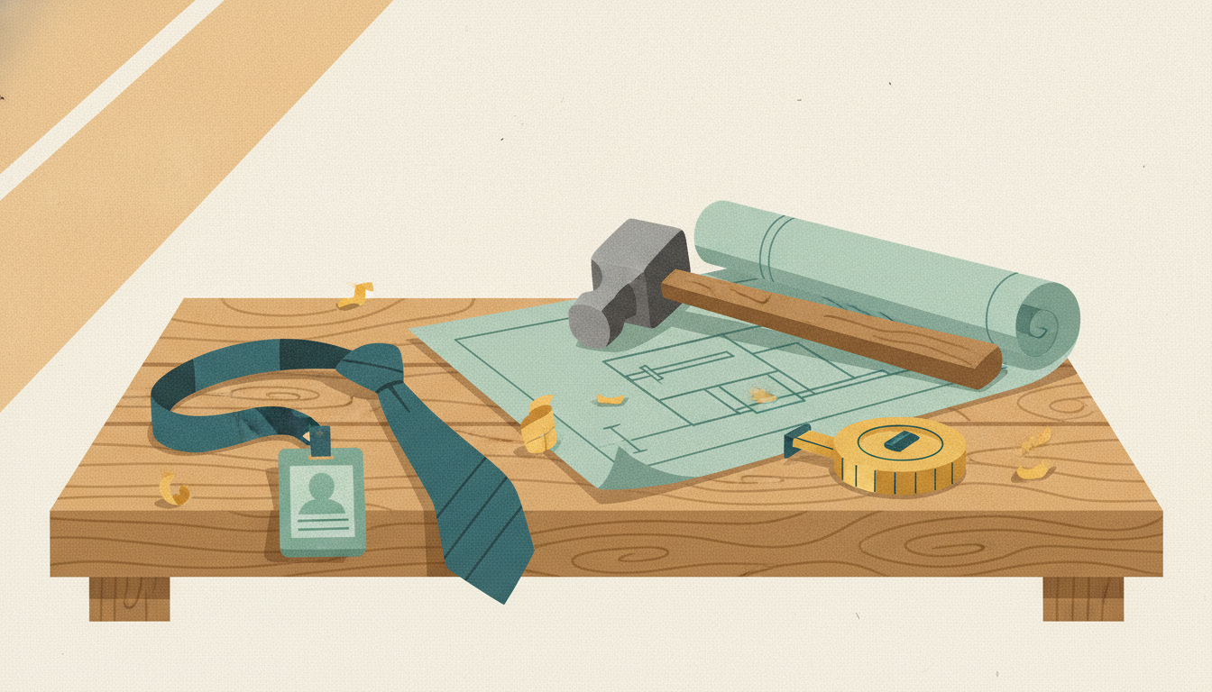 An office necktie and badge clip lie beside blueprints and a steel hammer on a sunlit timber workbench.