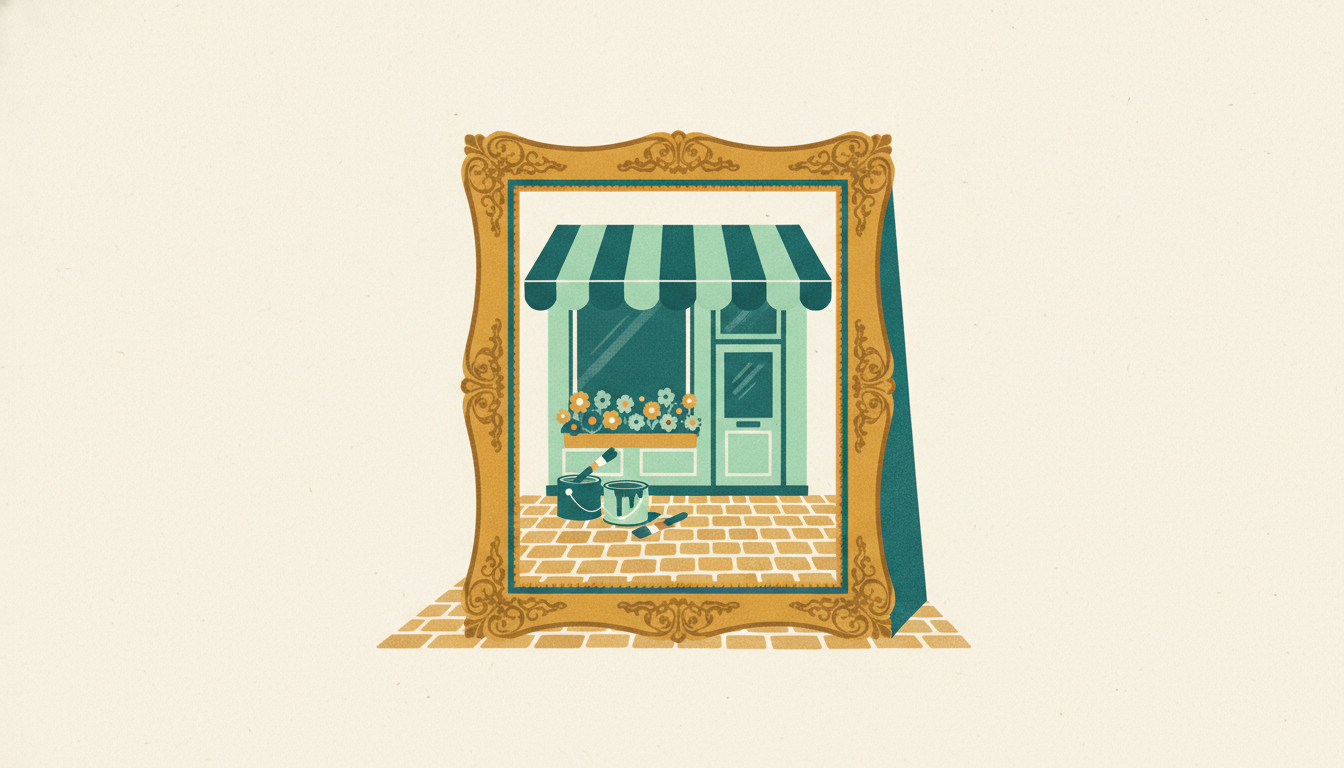 A gilded picture frame stands on a sidewalk, framing a charming shopfront with fresh paint and colorful flower boxes.