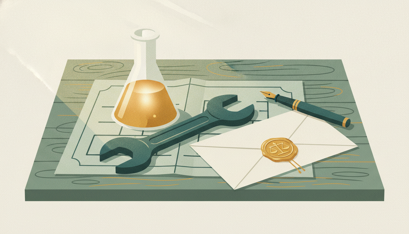 A glass beaker and a steel wrench rest side by side on a blueprint next to a sealed letter and fountain pen.
