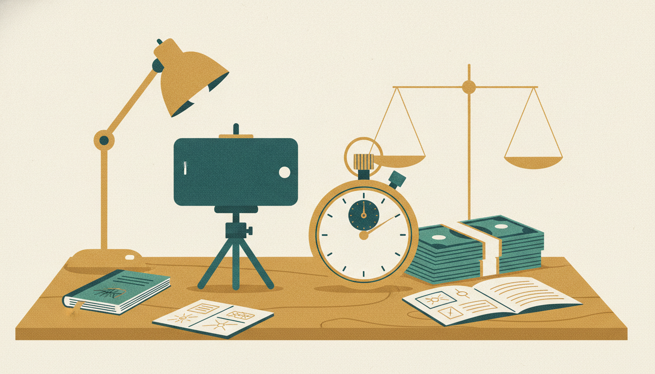 A smartphone on a mini tripod aims at an antique stopwatch and a stack of banknotes on a wooden desk.