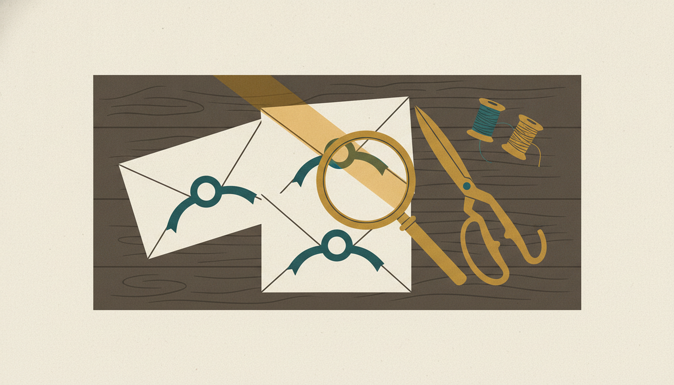 Three sealed envelopes and a brass magnifying glass rest on an artisan workbench beside colorful spools of thread.