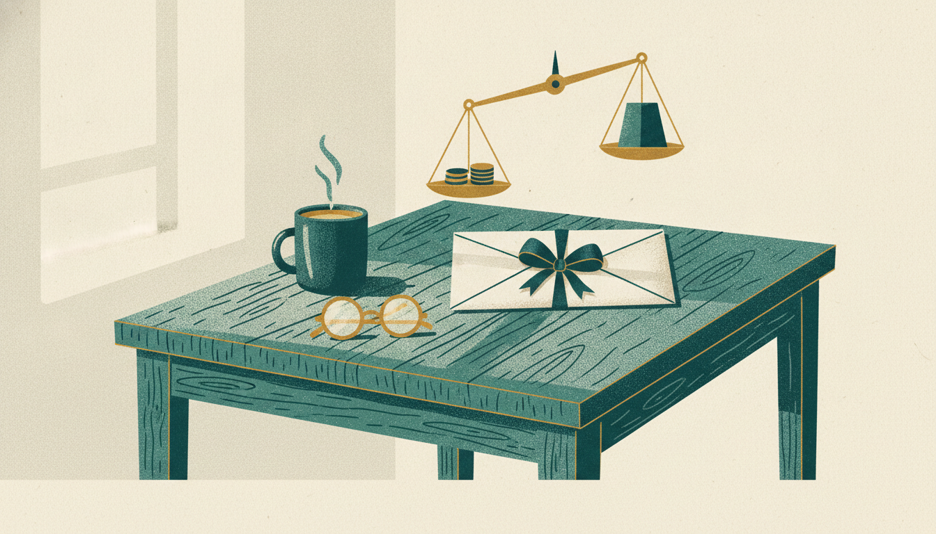 A cream envelope tied with a blue prize ribbon sits beside a steaming coffee mug on a wooden kitchen work table.