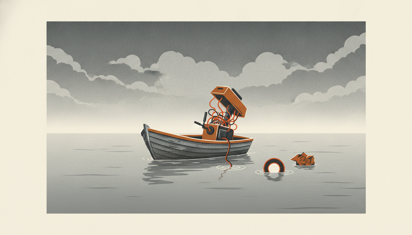 A small wooden boat drifts stalled on a flat gray ocean with a broken outboard motor and a snapped pull-cord.