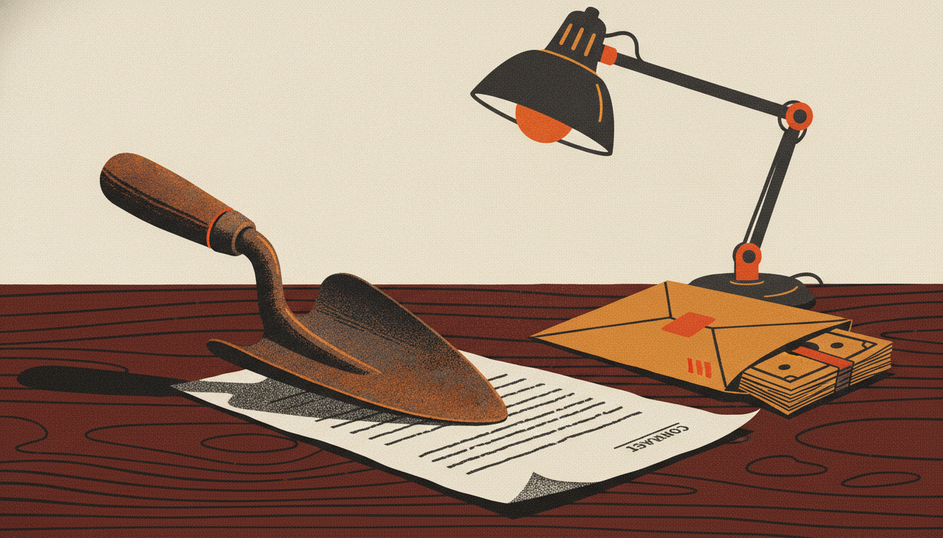 A rusted iron trowel pins a paper contract to a dark desk next to a pushed-away envelope full of cash.