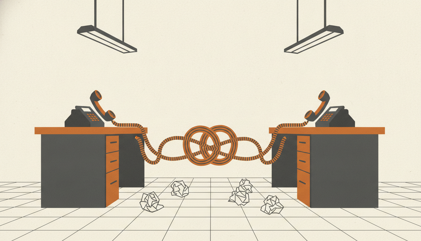 Two office phones on separate steel desks have their coiled black cords tangled together in a knot across the gap.