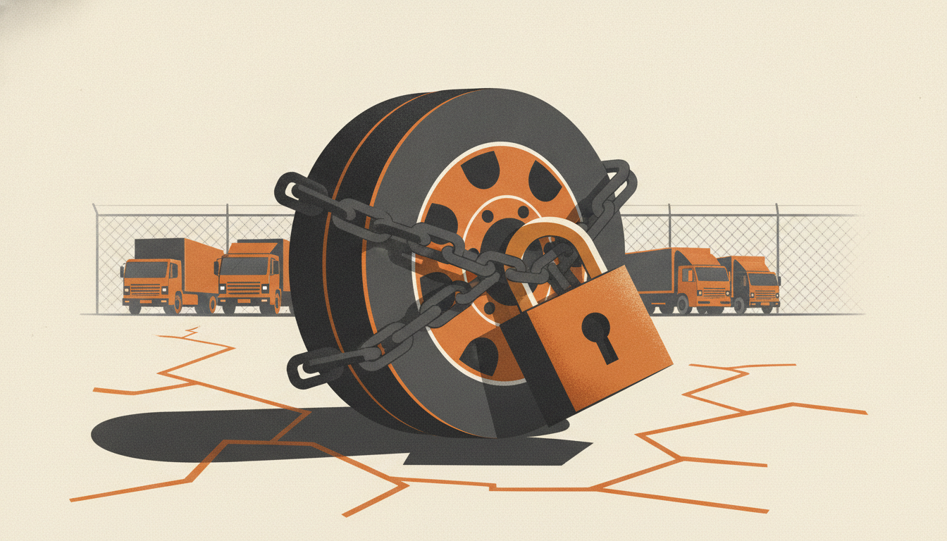 A heavy padlock and steel chain secure the large wheel of a commercial truck parked in an enclosed industrial lot.