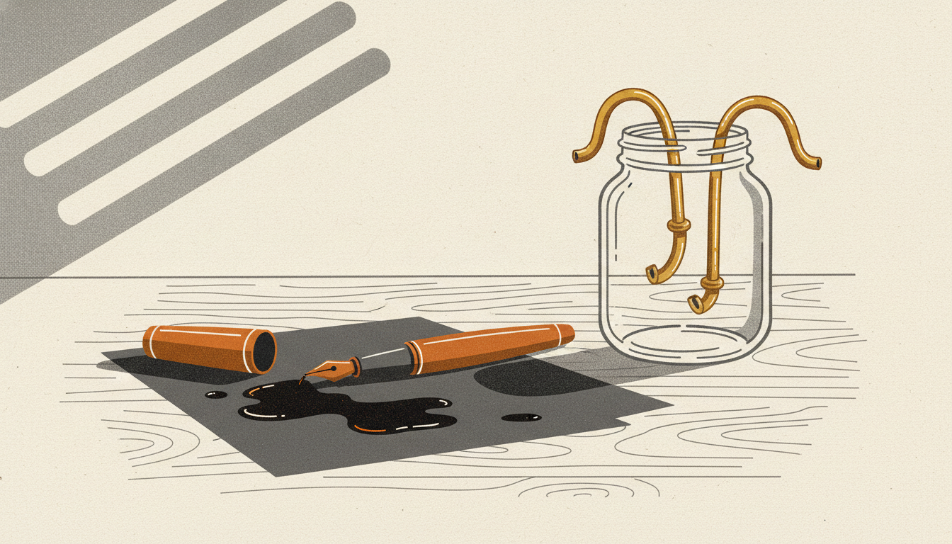 A fountain pen with wet ink rests on a desk beside an empty glass jar fitted with two brass siphon tubes.