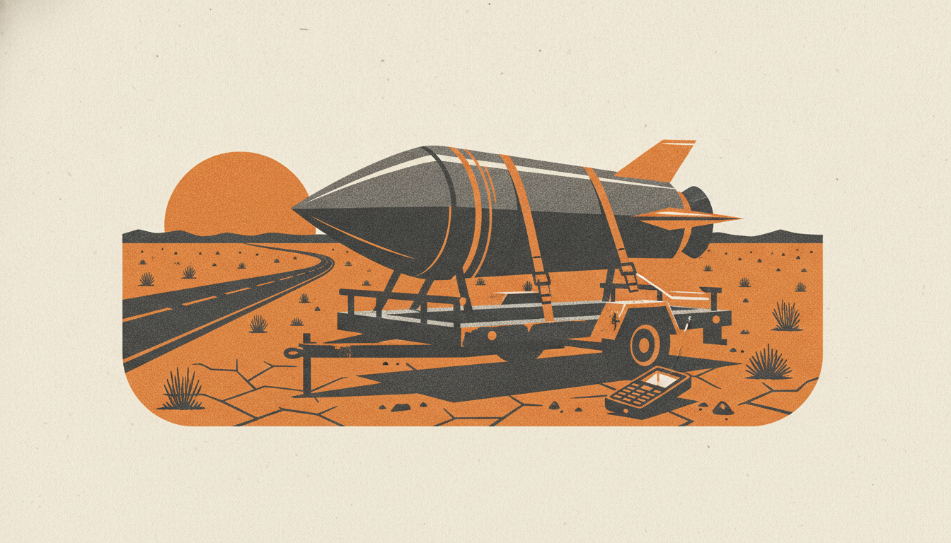 A large metallic rocket is strapped to a utility trailer parked alone on an empty desert roadside at dusk.