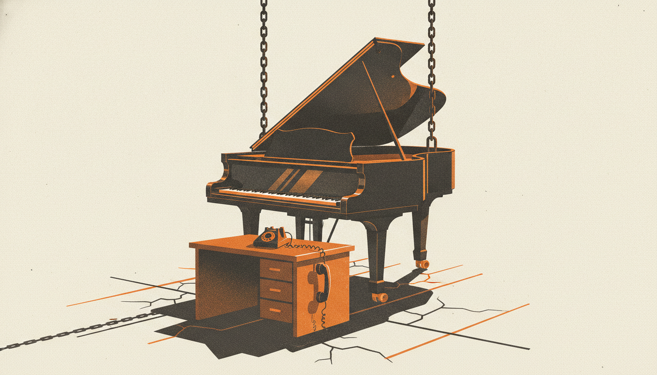 A black grand piano dangles from crane rigging above a small wooden desk with a dangling phone receiver.