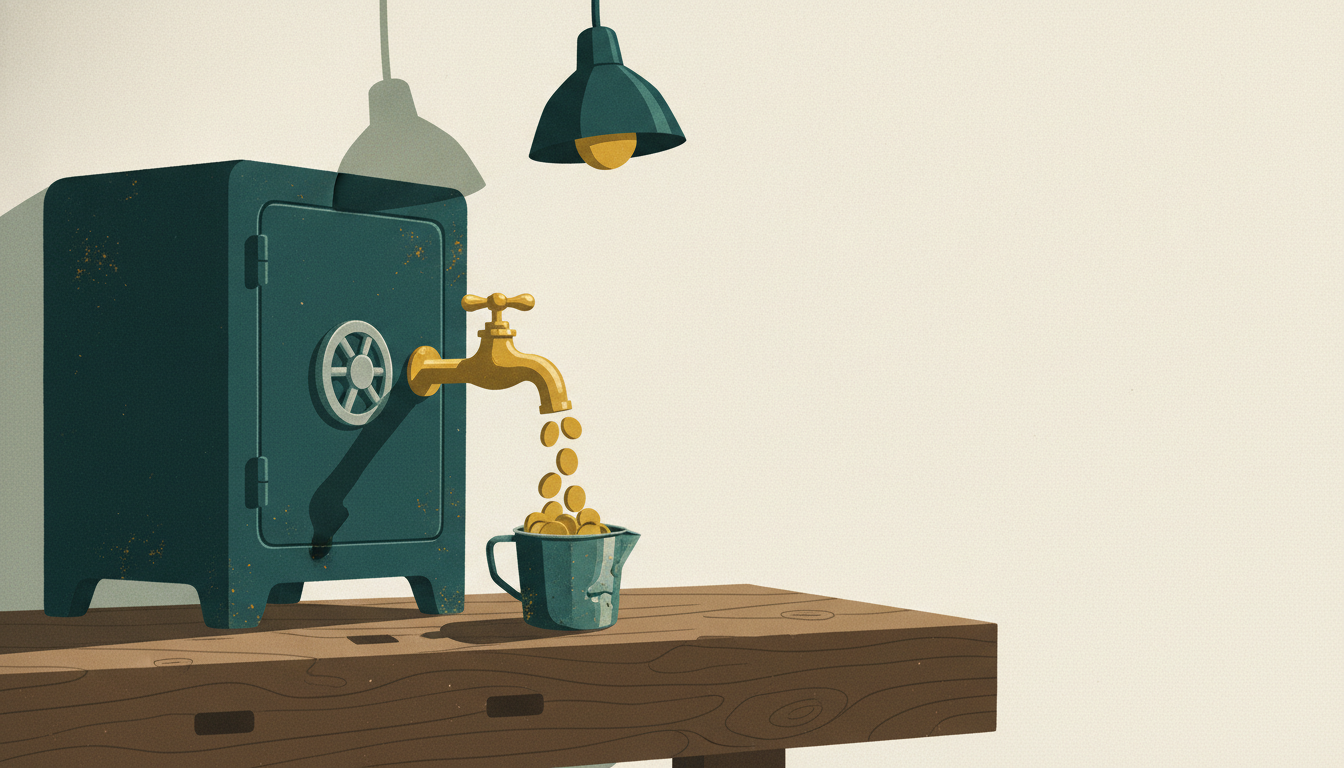 A brass faucet mounted to the door of an iron safe drips gold coins into a small metal cup.