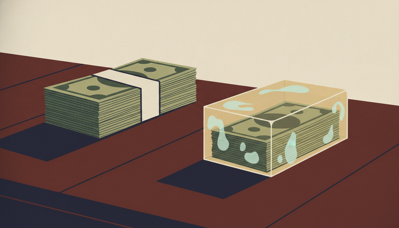 A stack of paper currency rests beside an identical stack encased in a heavy block of amber resin on a desk.