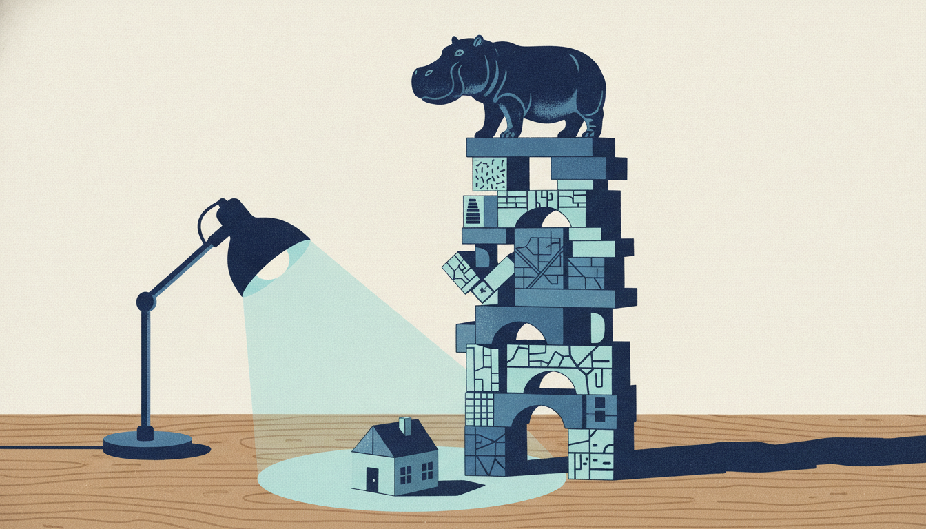 A heavy cast-iron hippo figurine balances precariously atop a tall tower of wooden building blocks on an oak desk.