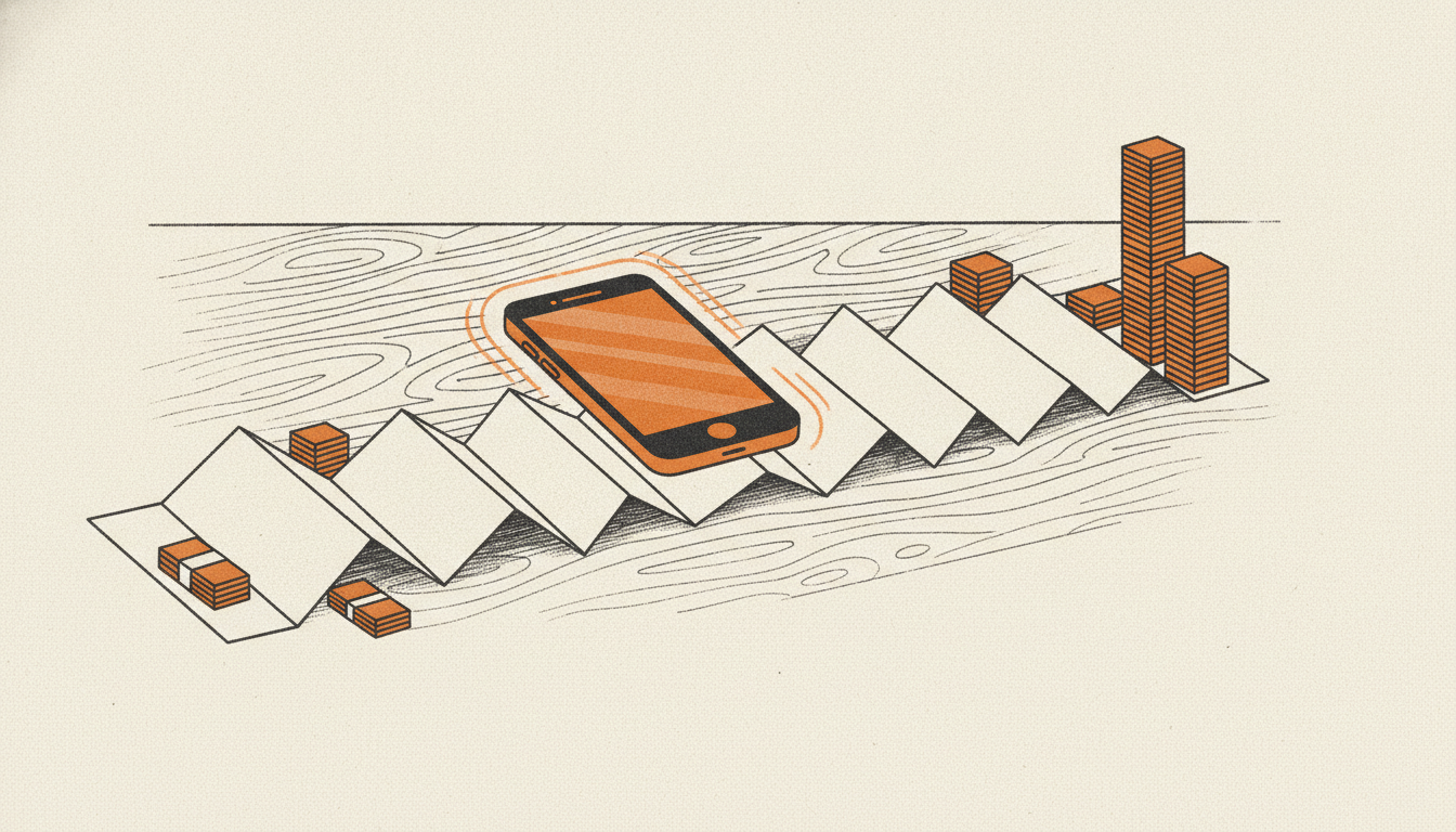 A glowing smartphone sits on a wooden desk with a long paper trail leading to neat stacks of cash beside each fold.