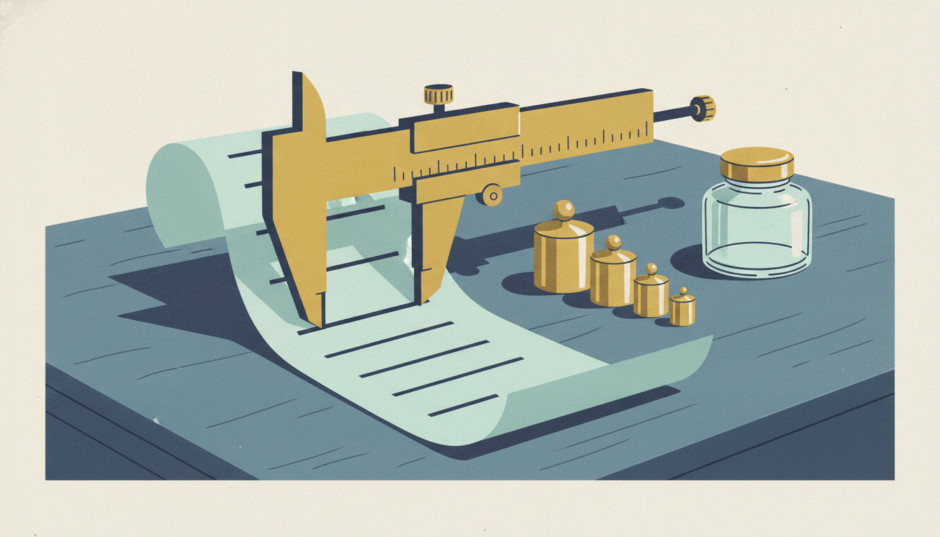 A brass caliper measures tick marks on a paper ribbon resting beside small weights on a dark desk.