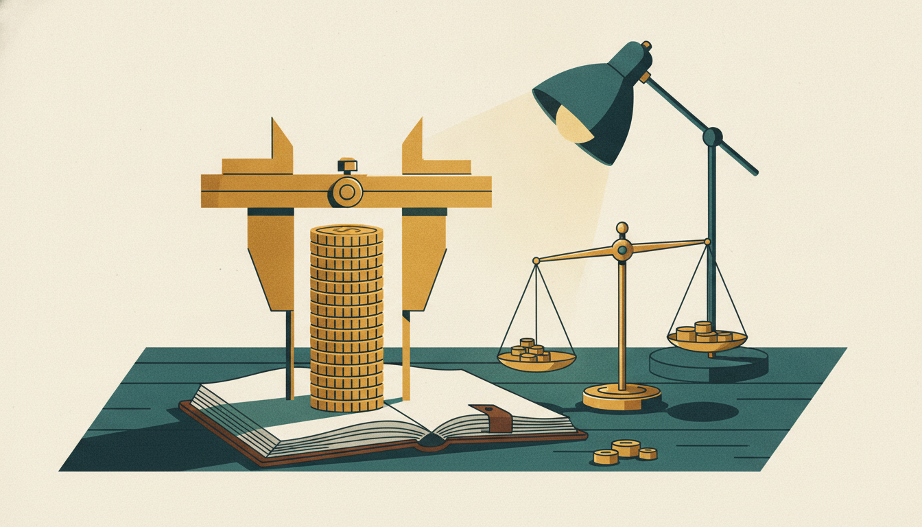 Brass calipers measure a stack of coins resting beside an open ledger and a balance scale on a dark wooden desk.