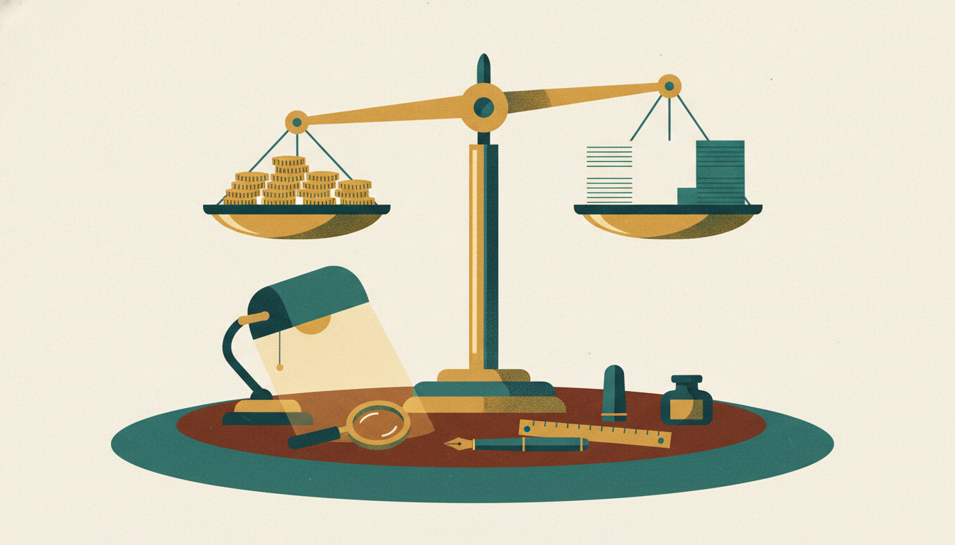 A stack of cream paper forms, a brass magnifying glass, a wooden ruler, and a fountain pen sit under a green desk lamp.