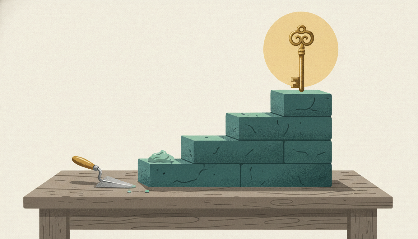 A miniature stone staircase under construction on a wooden workbench, leading up to an upright brass key.