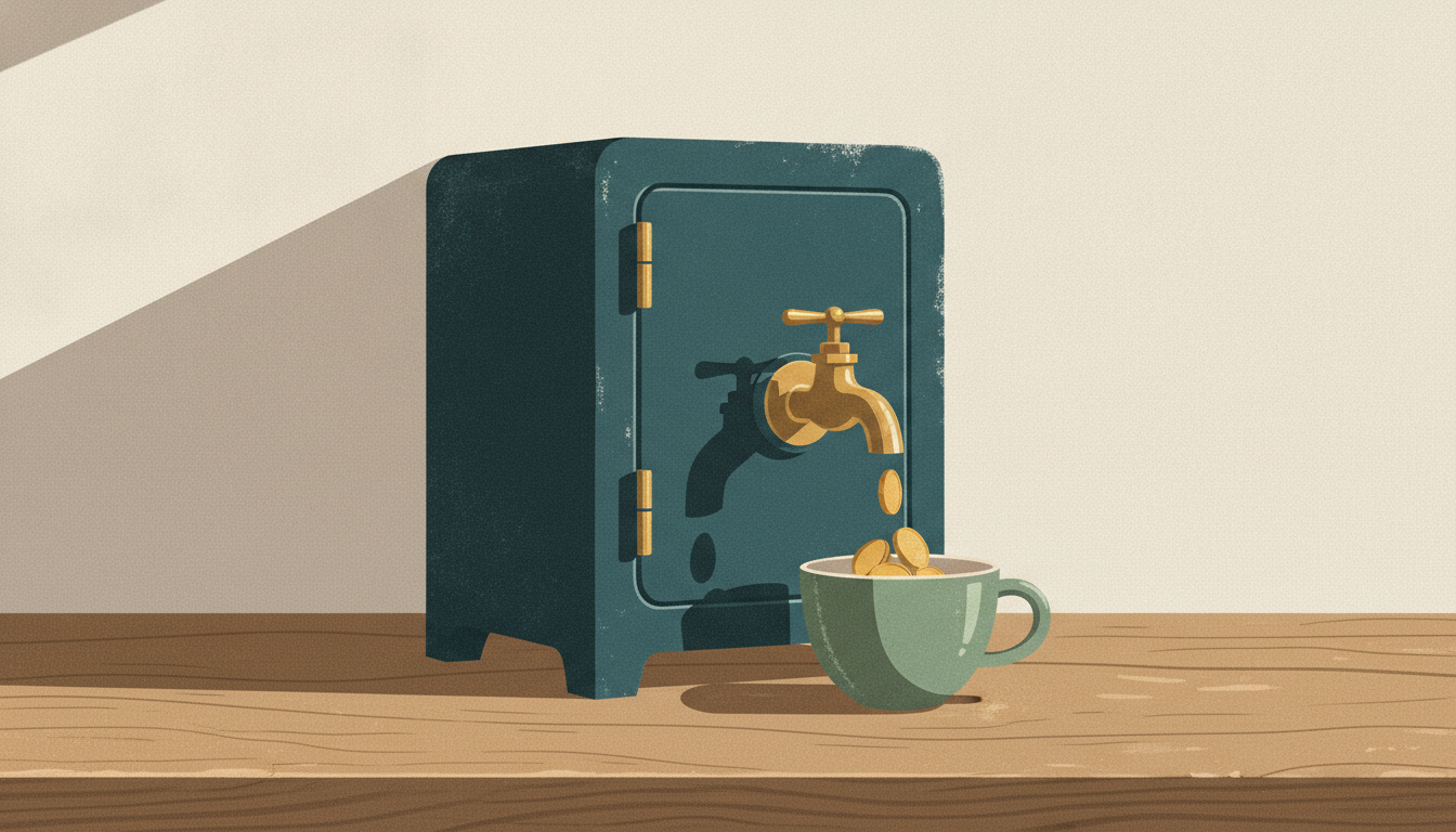 A brass faucet attached to a small iron safe dispenses gold coins into a ceramic cup on an oak desk.