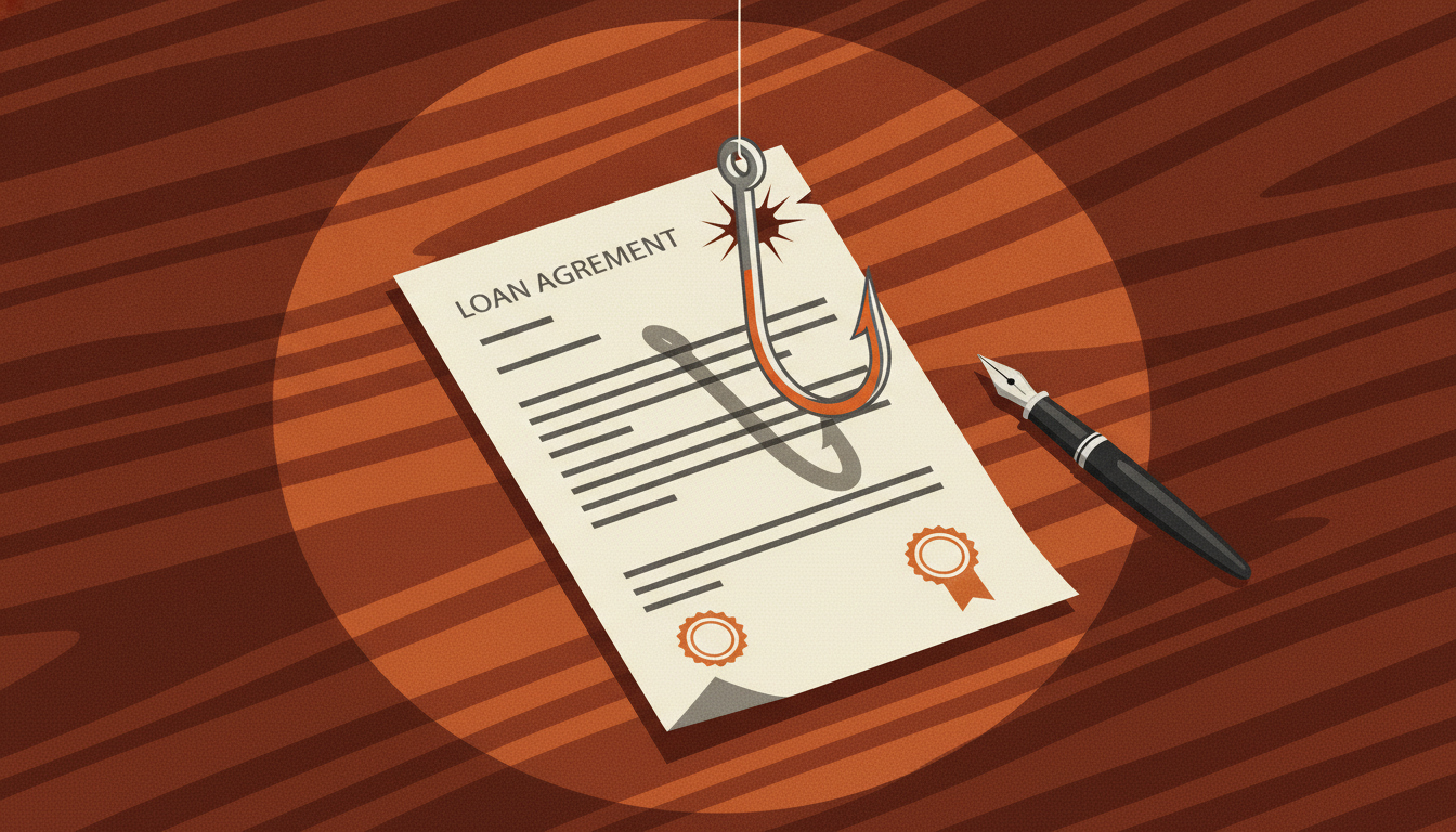 A large steel fish hook snags the corner of a paper loan document resting on a wooden desk.