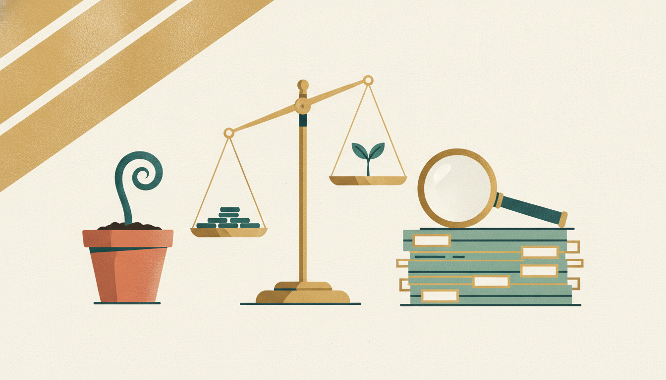 A tiny plant sprout in a terracotta pot sits beside a brass key and a stack of folders on a wooden desk.