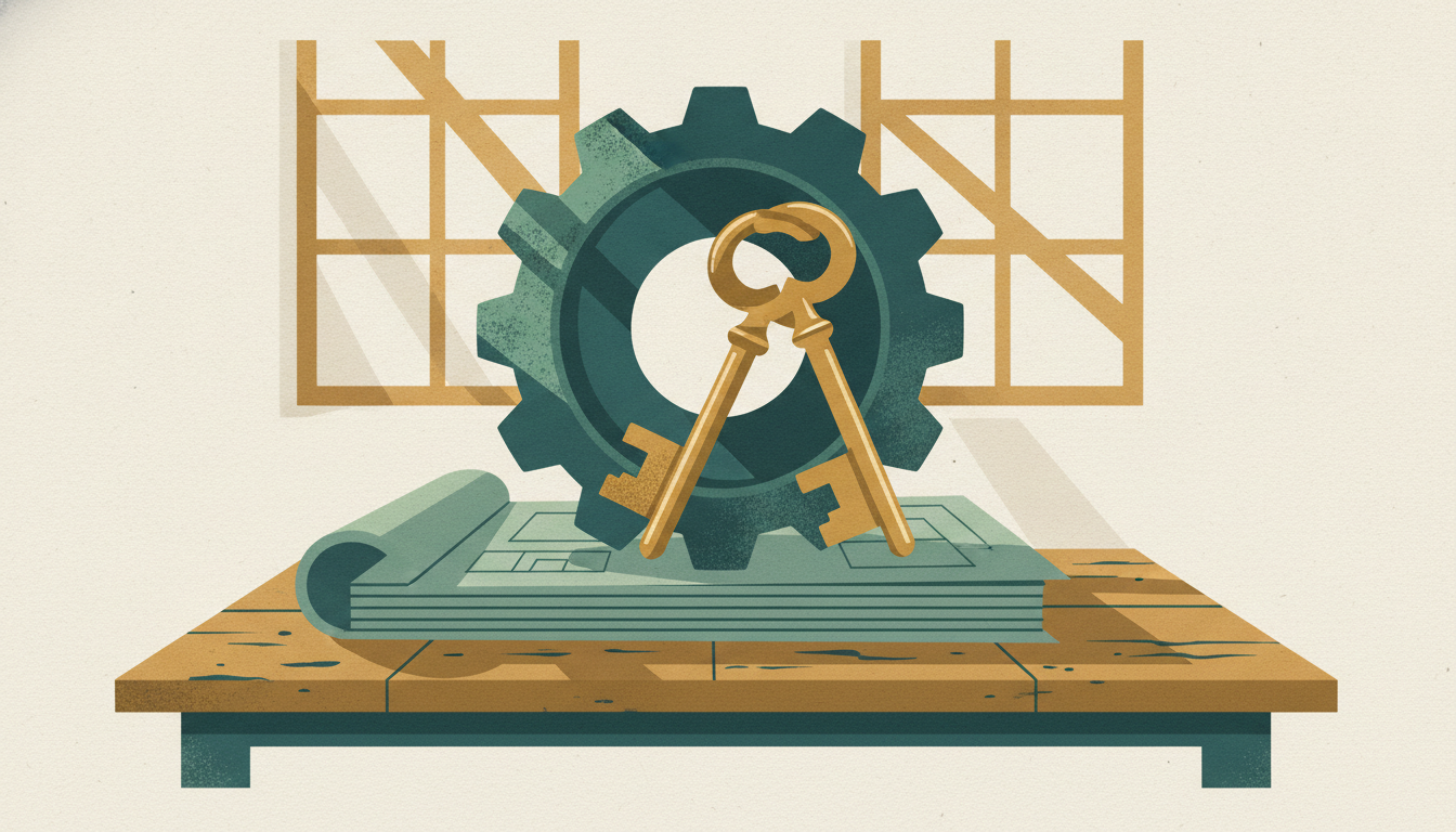 A heavy iron gear and ignition keys rest on blueprints atop a wooden workbench in a sunlit workshop.