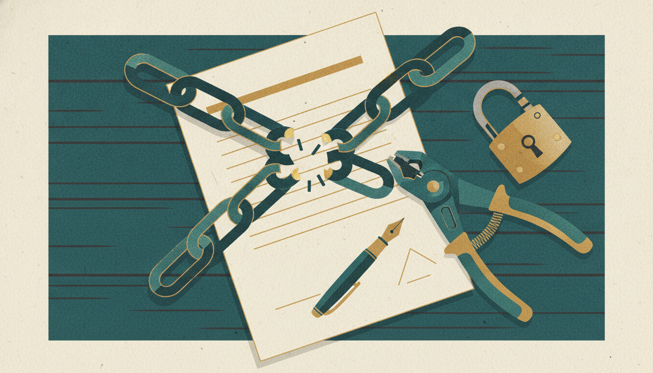 A cut iron chain and an open padlock lie beside bolt cutters on a wooden desk, freeing a folded paper contract.