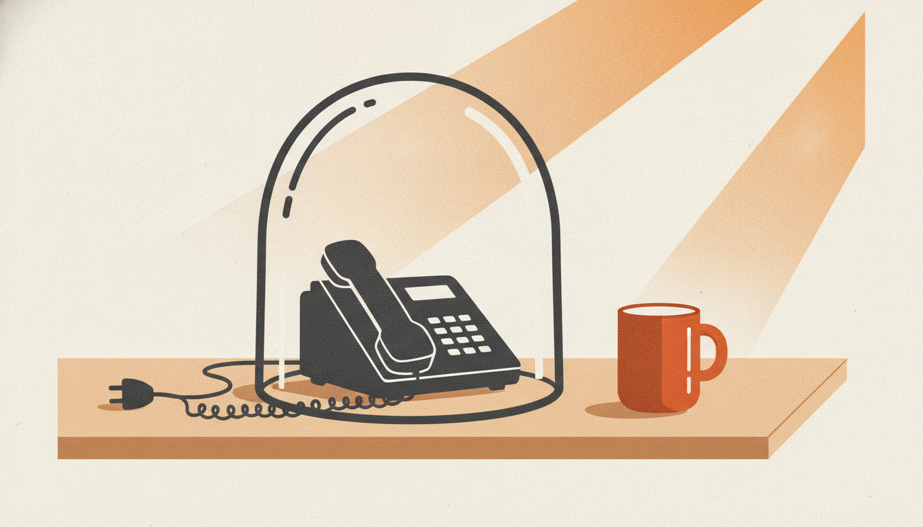 A black desk phone sits muffled under a heavy glass bell jar on a sunlit wooden counter next to an unplugged cord.