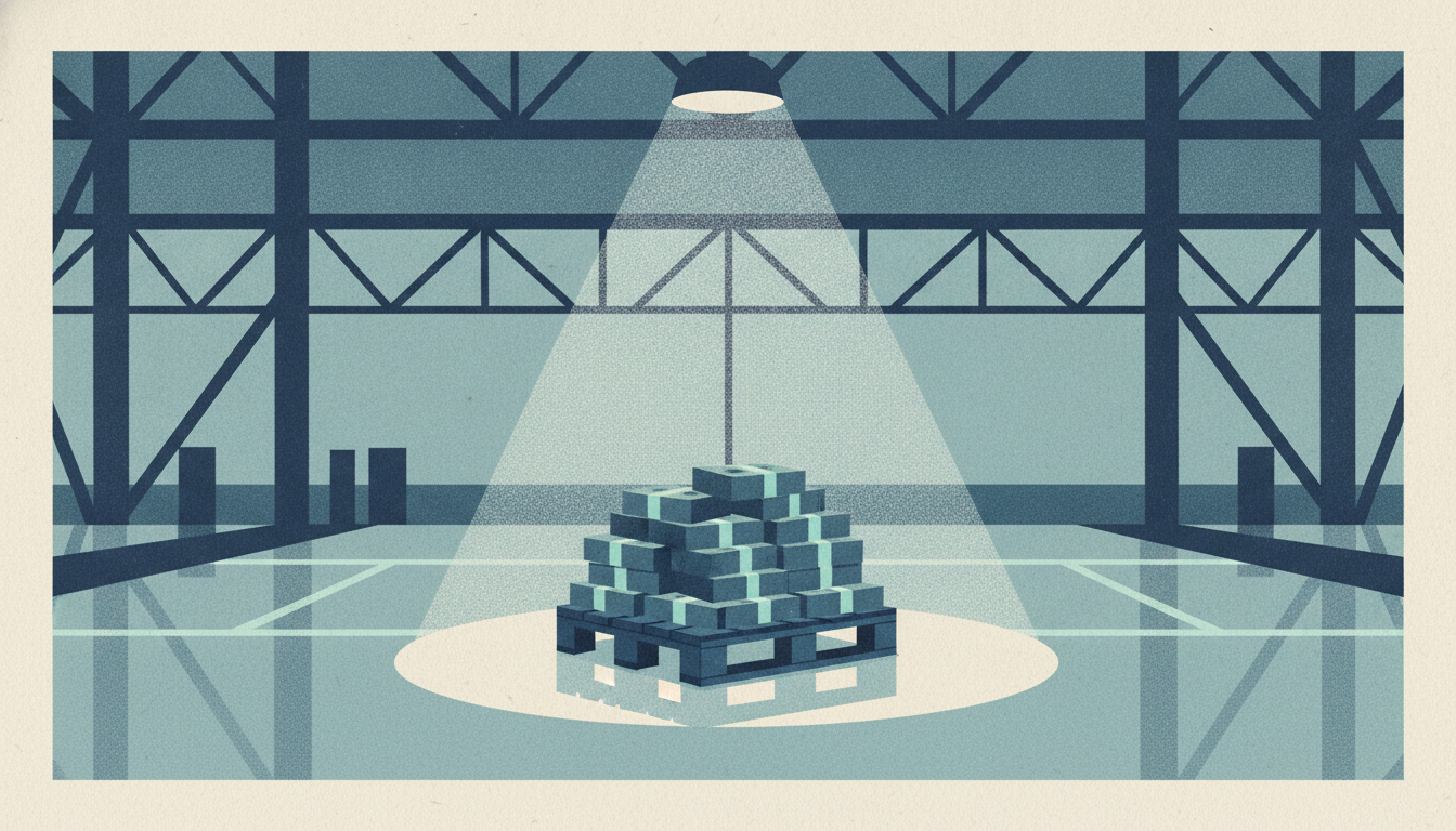 A wooden pallet stacked with neat bundles of cash sits under a spotlight inside a cavernous, empty airplane hangar.