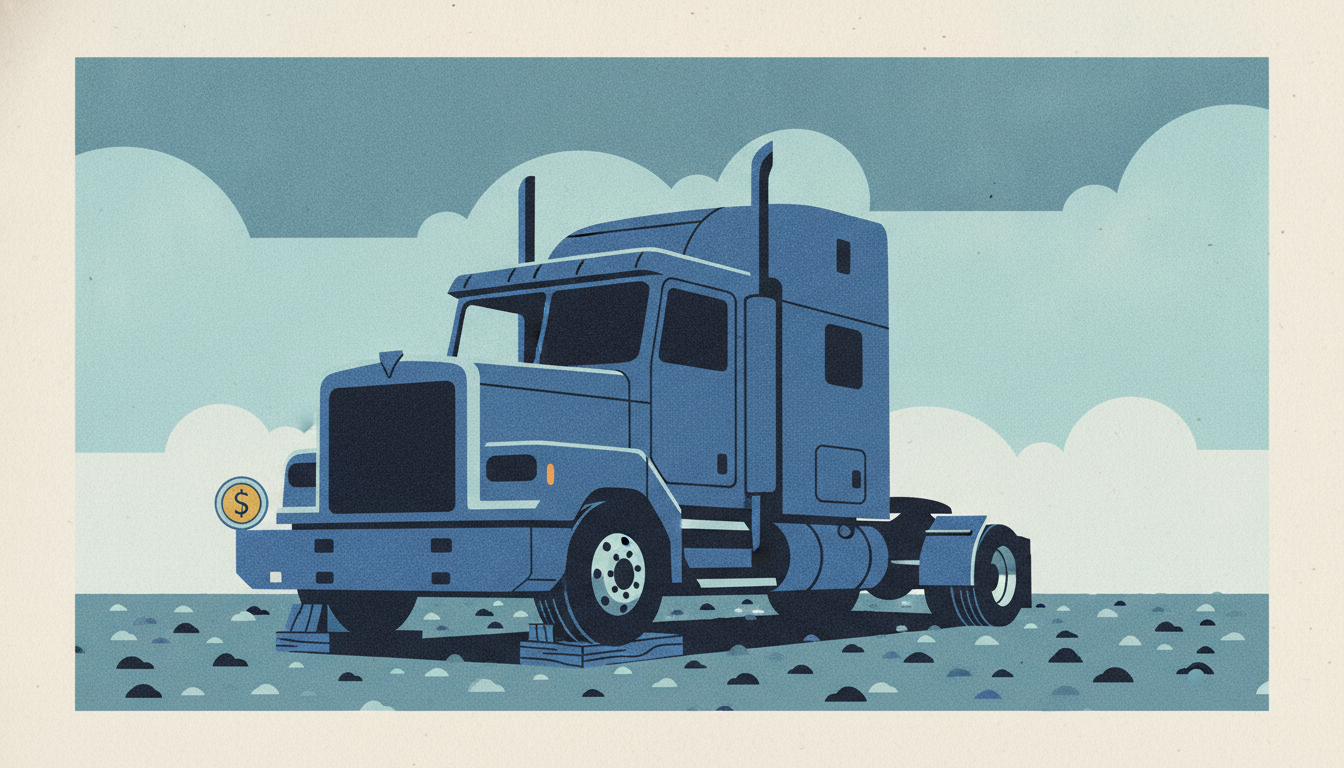 A stripped semi-truck sits propped on wooden blocks with a single gold coin balanced on its bumper.