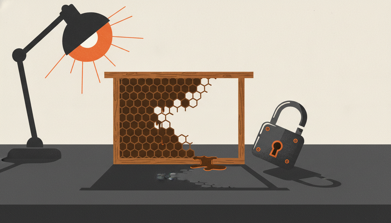 An empty wooden beehive frame sits under the harsh glare of an office work lamp next to an open padlock.