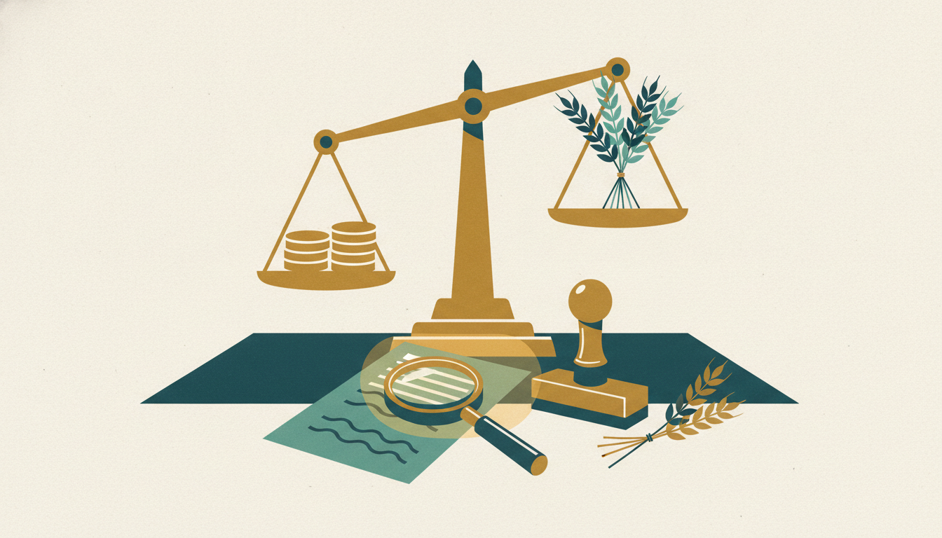 A brass magnifying glass and dried wheat stalks rest on an open paper docket under the warm glow of a desk lamp.