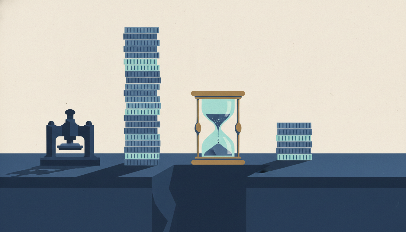 An hourglass drains between two uneven stacks of coins on a dark wood desk beside a heavy iron seal press.