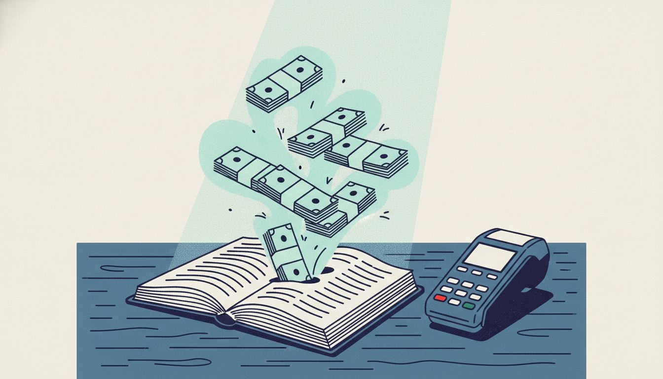 Banded stacks of cash emerge from the spine of an open green ledger book resting beside an unplugged card terminal.